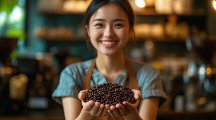 Barista Presenting Roasted Coffee Beans. Barista with a warm smile holds out roasted coffee beans, showcasing her dedication to quality coffee in a cozy café setting.