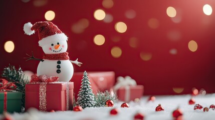 Fototapeta premium Cheerful Snowman with Decorated Christmas Tree and Presents
