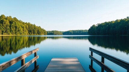 Serene Lakeside Retreat, a peaceful lake scene featuring a fishing pier and ample blank space for personal reflections, evoking summer tranquility and relaxation