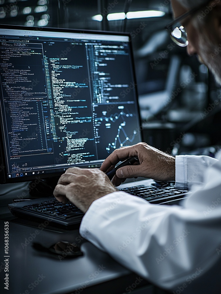 Poster a close-up of a digital forensics analyst using specialized software to trace digital activities, wi