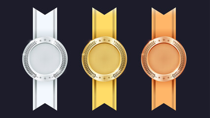 Realistic Gold, Silver, and Bronze Medals with Vertical Ribbons - 3D Award Seals for Labels, Certificates, and Badges. Vector.