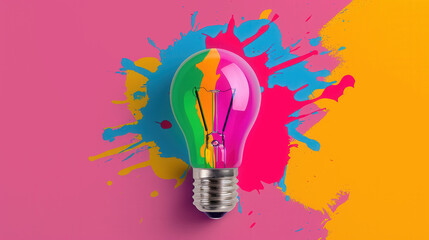 Vibrant Paint Burst with Colorful Bulb, an artistic representation of creativity and energy, ideal for commercial applications showcasing innovation and inspiration