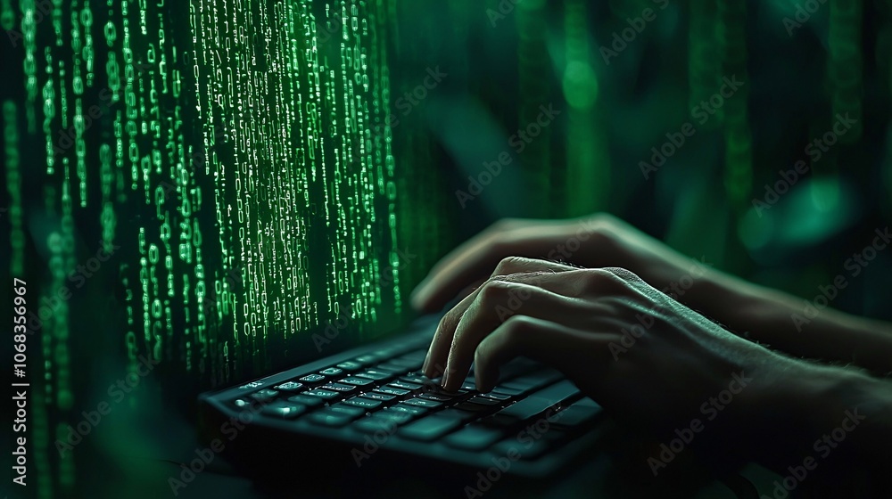 Poster a dark, moody scene with a hacker typing on a keyboard, with a matrix of green code in the backgroun
