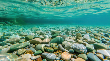 Serene Lake with Visible Pebbles, a tranquil landscape featuring crystal-clear water reflecting the calm surroundings, inviting a sense of peace and relaxation.
