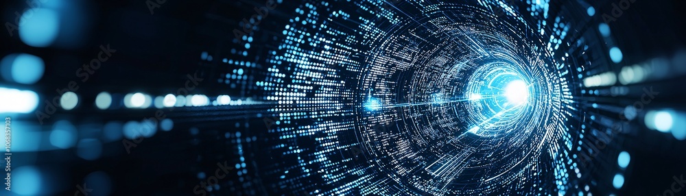 Poster An abstract digital tunnel with dark tones and glowing lines, representing the hidden pathways of the dark web. The image is designed with generous copy space for additional elements.