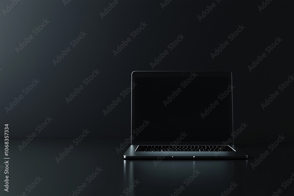 Poster a minimalist representation of a laptop with its screen showing a darkened browser window, symbolizi