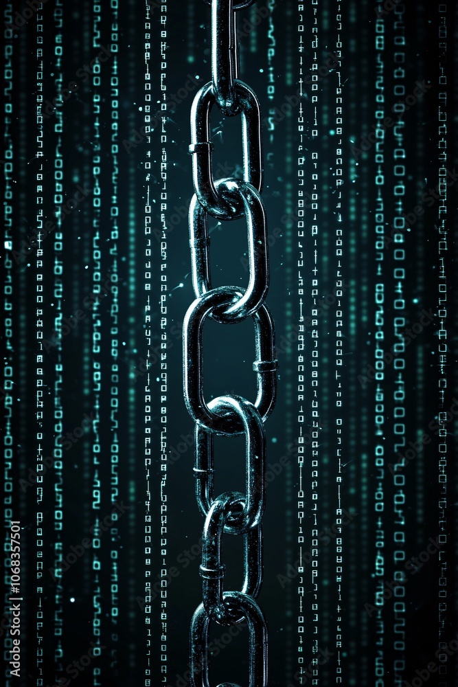 Poster a dark, cyber-themed image featuring a lock and chains superimposed on a background of digital code,