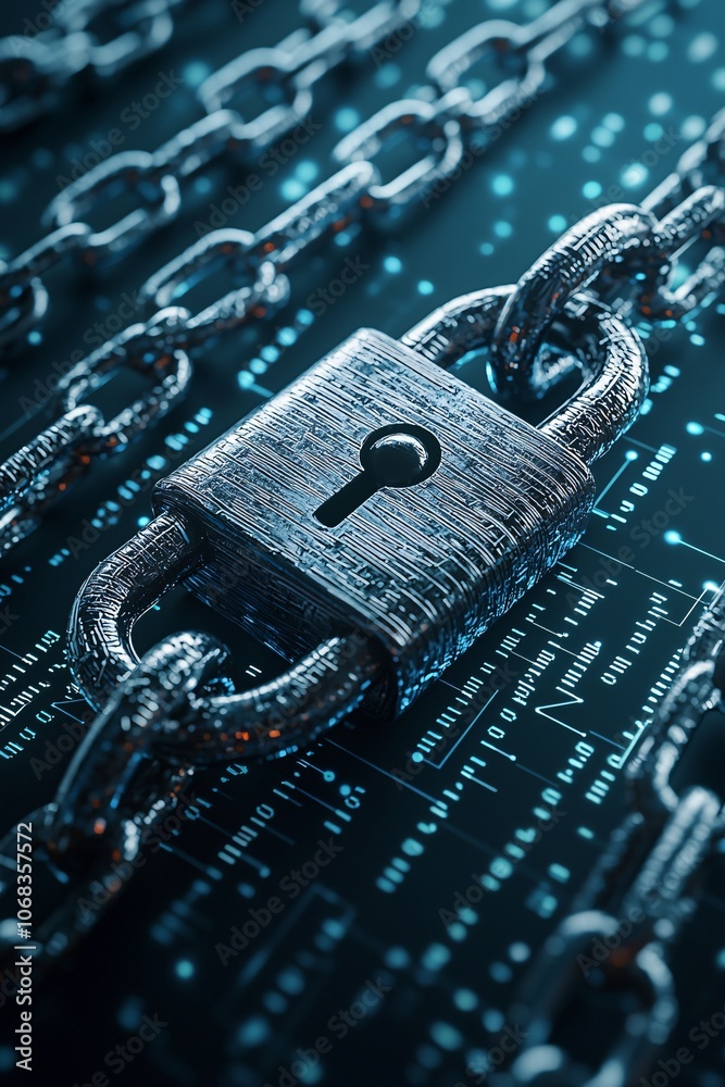 Poster a dark, cyber-themed image featuring a lock and chains superimposed on a background of digital code,