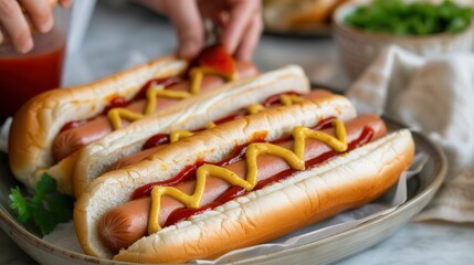 Homemade Hotdog Feast, a joyful family gathering creating delicious hotdogs with freshly baked buns, celebrating togetherness and culinary creativity in a classic meal.