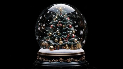 Christmas decorative empty glass snow globe and Aurora in black blackground, podium with snowman,christmas tree,pine cone,white snowdrift under transparent dome, glow garland,Xmas greeting.