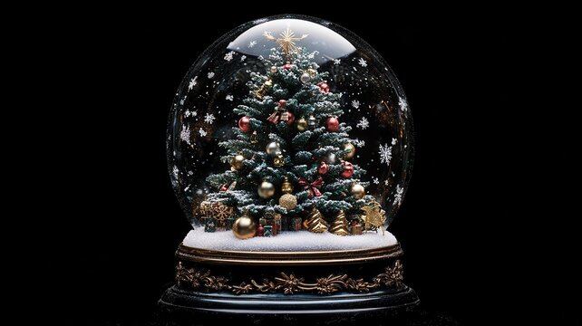 Christmas decorative empty glass snow globe and Aurora in black blackground, podium with snowman,christmas tree,pine cone,white snowdrift under transparent dome, glow garland,Xmas greeting.