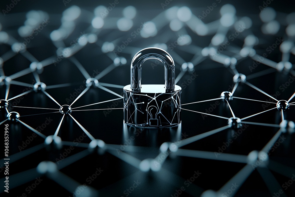 Poster a digital representation of a padlock overlaid on a network of interconnected nodes, symbolizing the