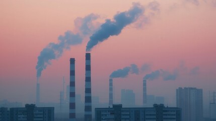 Smoggy Industrial Landscape, a bleak urban scene dominated by thick, oppressive smog enveloping factories, conveying a harsh, polluted atmosphere and environmental degradation