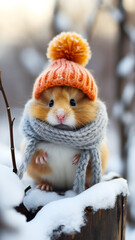 Obraz premium A cute hamster in the snow, wearing cap and foulard