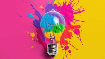 Vibrant Light Bulb Art, an energetic fusion of color splashes on a bulb, symbolizing creativity and inspiration, showcasing intricate details and dynamic design.