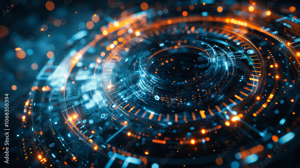 Wall mural abstract futuristic digital background with circular elements and glowing lights