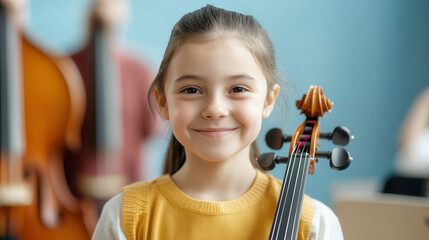 Music exploration in school, a vibrant classroom filled with various instruments, students engaging...