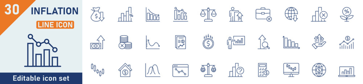 Inflation line icon set. Set of 30 outline icons related to crisis, economic, price increase, hyperinflation, inflation rate, investment, scarcity and others. Editable stroke. Vector illustration.