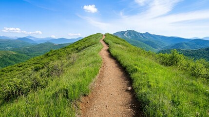 Scenic hiking trail inviting exploration, surrounded by lush greenery, towering trees, and vibrant wildflowers, perfect for outdoor enthusiasts seeking adventure and tranquility