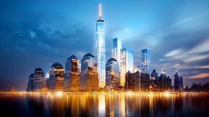 Obraz premium The cityscape comes to life at night as the towering skyscrapers and iconic landmarks illuminate the skyline with a dazzling display of lights