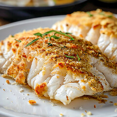 Two juicy pieces of fried fish on a white plate