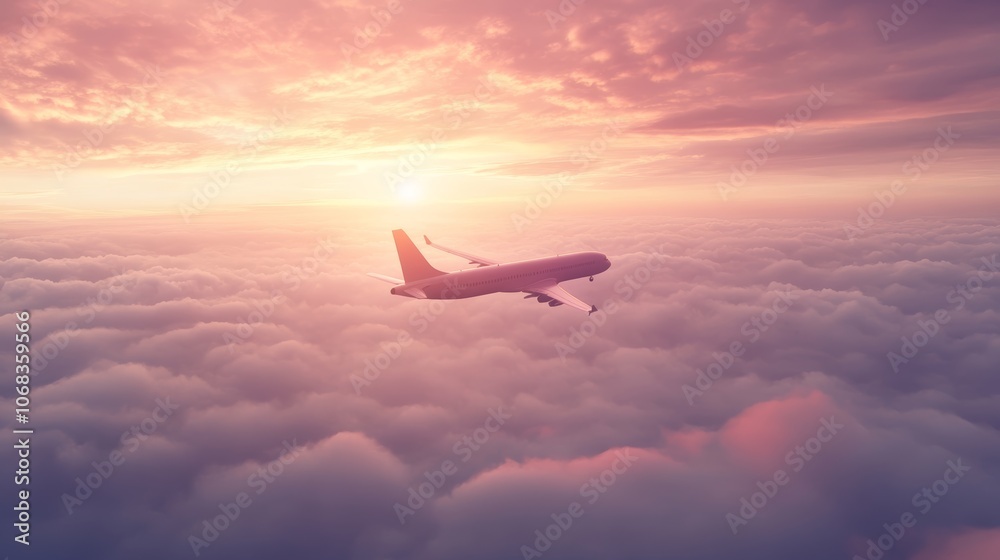 Poster airplane is flying high above the clouds during a breathtaking sunset, creating a captivating scene 