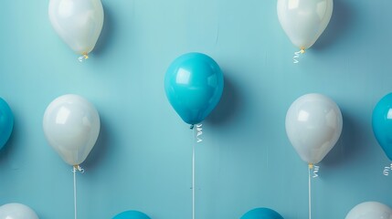 Colorful balloons on blue wall - celebration and party decor inspiration. Concept of blue Monday