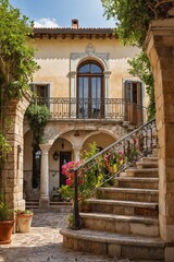Naklejka premium Italian Villa Exterior Elegant Italian Villa Courtyard with Stone Staircase and Arches