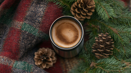 Peppermint Mocha in Stainless Steel Mug with Pinecones and Plaid
