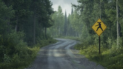Serene Forest Road with Moose Crossing Sign