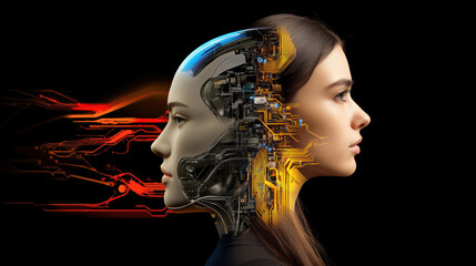 Abstract digital portrait blending human and robotic features, showcasing technology