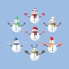 Snowman with Colorful Attributes Cute Simple Flat Vector Set Collection