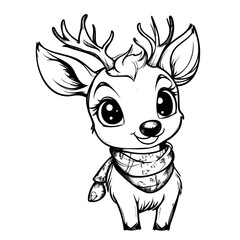 Cute cartoon deer with large eyes and a scarf, in black and white outline style. Artwork