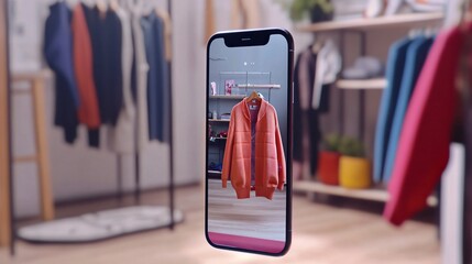 Mobile Phone Displaying Augmented Reality Shopping Experience in Clothing Store