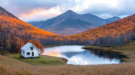The cabin nestled at the foot of the majestic mountains provides a peaceful escape, with the tranquil lake reflecting the vibrant colors of the surrounding forest