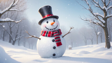 Fototapeta premium Winter holiday scene with a smiling snowman in the snow