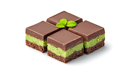 Dubai chocolate. Chocolate bar with green pistachio pasta and crunchy kadayif isolated on white background.