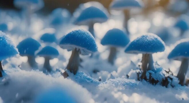 Winter&rsquo;s Contrast: Blue Mushrooms and Icy Forests