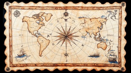 Vintage Antique World Map with Navigational Elements