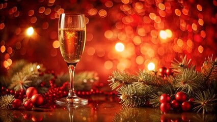 Christmas still life with champagne glass and festive gold decorations on red background with golden glitter sparkle bokeh. New Year and Christmas holiday template for celebration, congratulation.