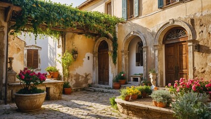 Charming Italian Villa Courtyard with Stone Arches and Plants