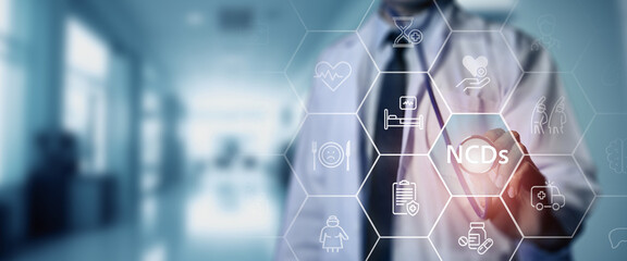 Prevention, detection and treatment of NCDs concept.  Medical professional interacting with a...