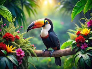 Fototapeta premium Colorful Toucan Wearing Headphones in a Lush Tropical Setting, Vibrant Wildlife Photography, Nature and Music Fusion, High Depth of Field, Exotic Bird Portrait, Creative Animal Art