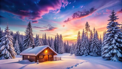 Fototapeta premium Cozy Cabin in Snowy Winter Wonderland: Serene Evening Sky, Frosty Pine Trees, Peaceful Retreat, Winter Escape, Tranquil Getaway, Snow-Covered Landscape, Rustic Charm, Nature's Beauty