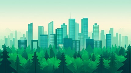 Futuristic Cityscape with Smart Buildings Surrounded by Forest