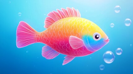 Fototapeta premium A playful crayon-drawn rainbow fish with colorful scales, swimming in the blue ocean with bubbles around.