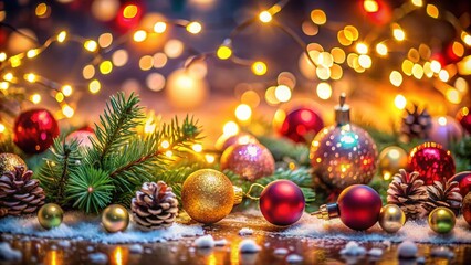 Enchanting Christmas Decoration Background with Defocused Glowing Lights in Tilt-Shift Photography Style, Perfect for Holiday Celebrations and Festive Greetings