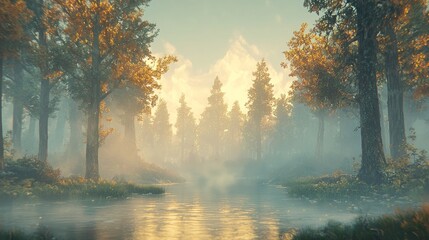 Serene forest landscape with mist and water reflecting autumn colors.