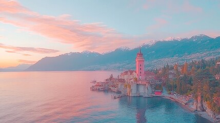 Serene sunset over a lakeside town with mountains in the background.