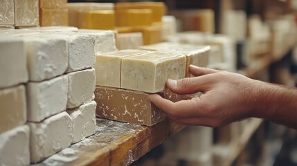 Hands evaluate a variety of soap bars on a shelf, exploring textures and scents in a delicate balance of selection.